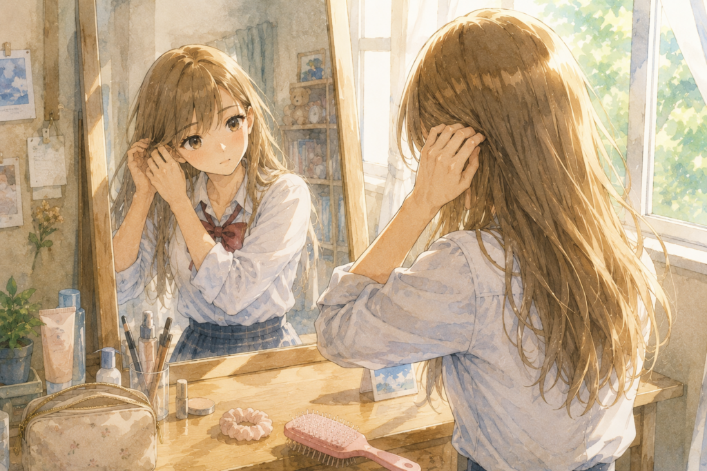 新学期前見た目に気合いをいれるアカリ。変化に気づいて欲しいと思っている。