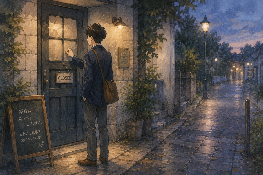 開かないドアの前に立つ男性。無駄なこともあることを示唆。