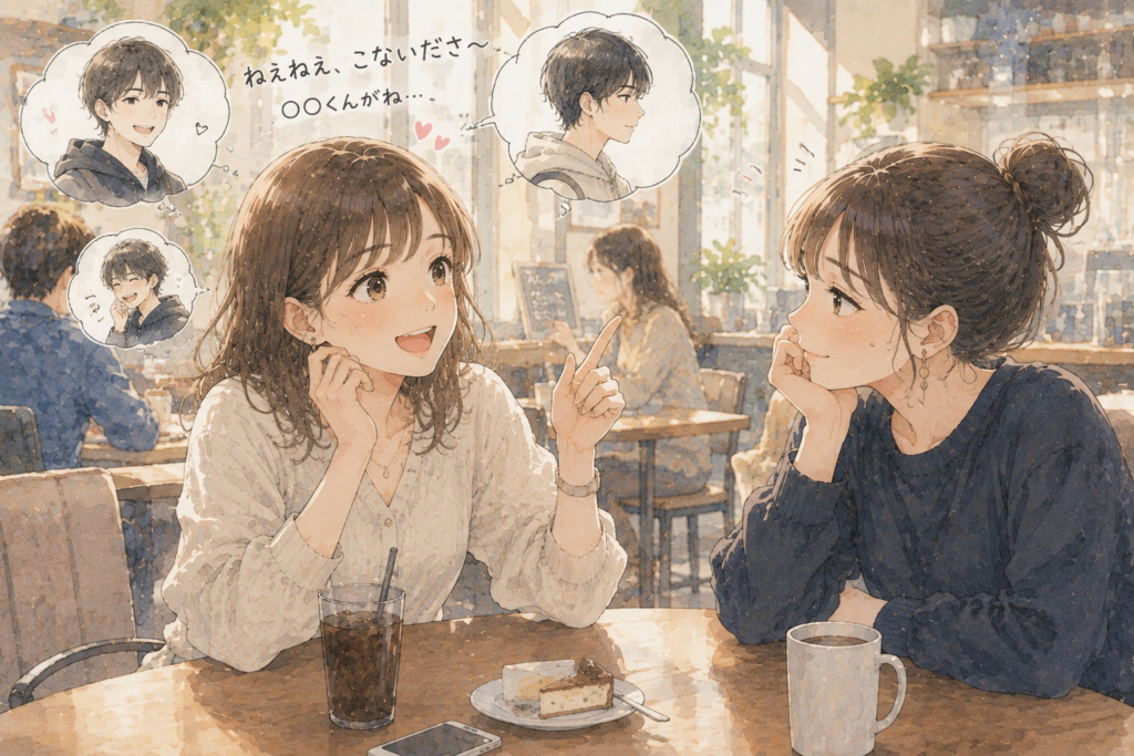 無意識に特定の男性の話ばかりしている女性。好きなのが見え見え。