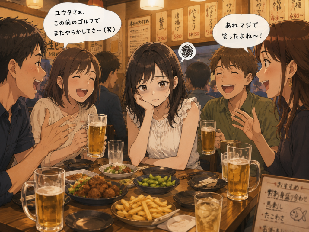 知らない人ばかりの飲み会で会話に入れず疲れてしまうミユ。