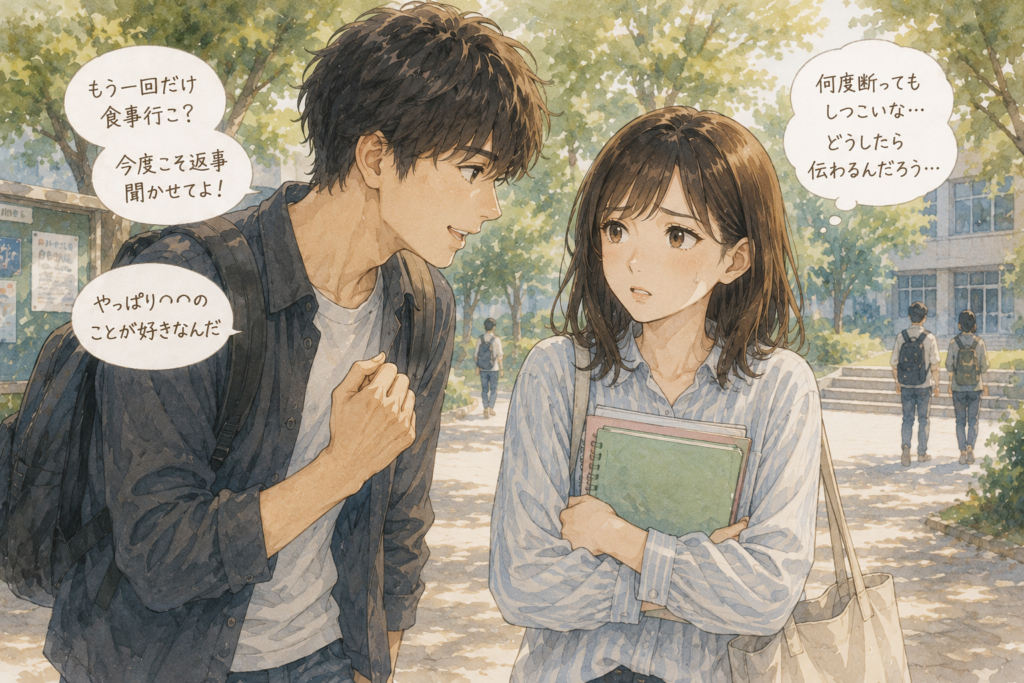 断ってもしつこく誘ってくる先輩。女性は困っている。