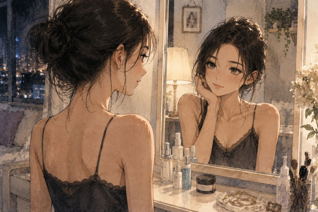 鏡を見るミサキ。自分は綺麗だと自覚している。