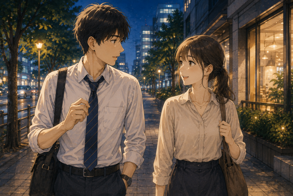 夜道を歩く同僚二人。男性は告白するタイミングを探っている。