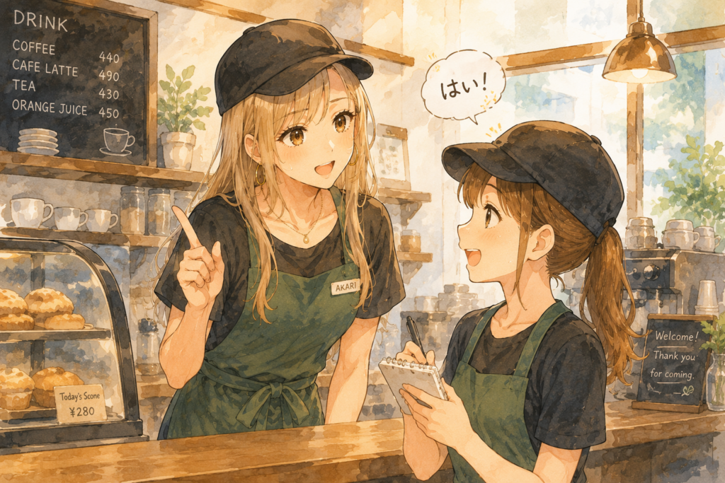 仕事を教えるアカリ。返事する後輩。