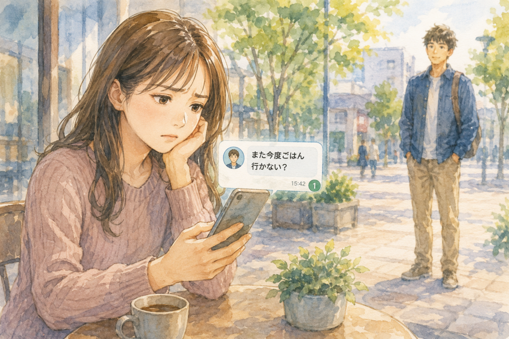 スマホを見て憂鬱な女性。断ってもしつこくデートに誘われている。