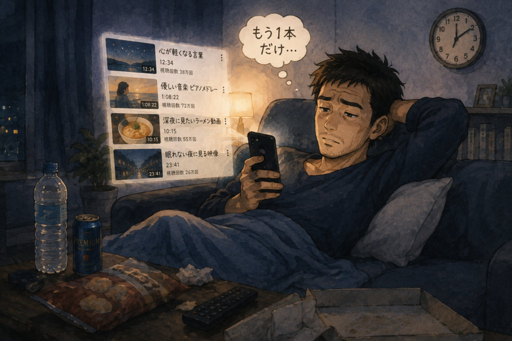 動画を見てつい夜更かししてしまうケンジ。
