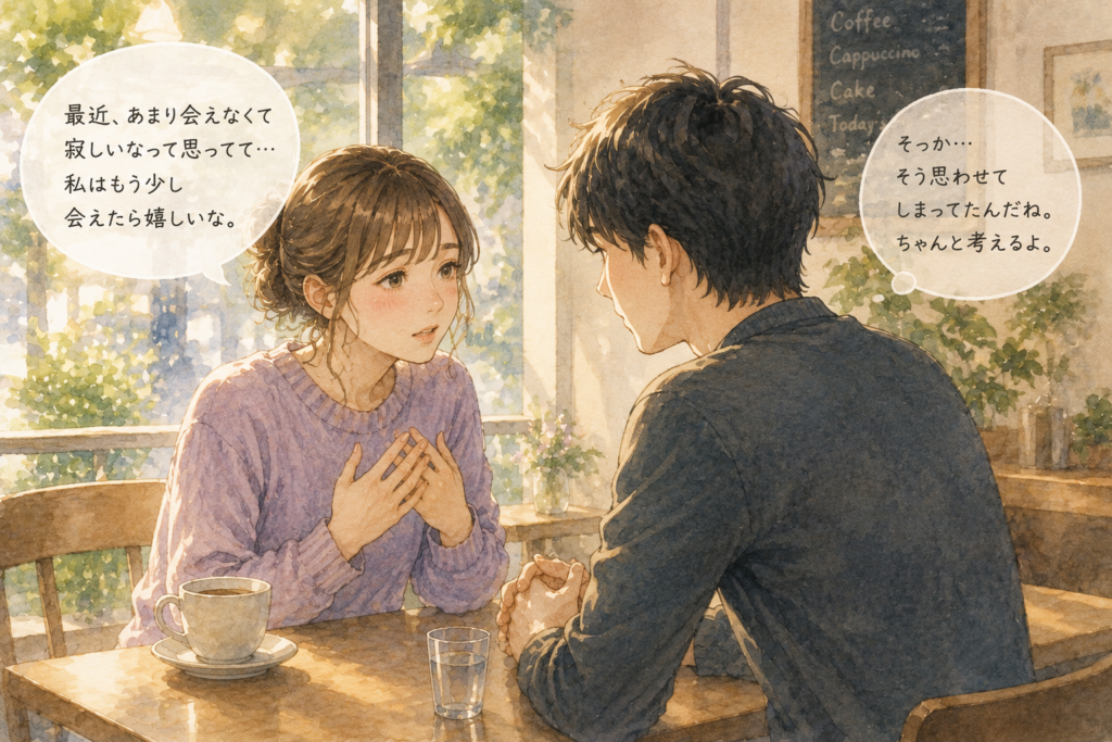 会えなくて寂しいことを伝える女性、受け止める男性。