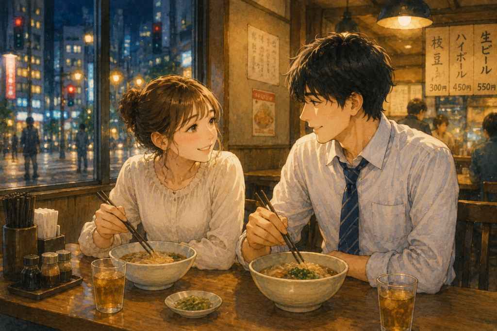 ラーメン屋で食事をするカップル。いつもしっかりしたデートじゃなくてもOK。