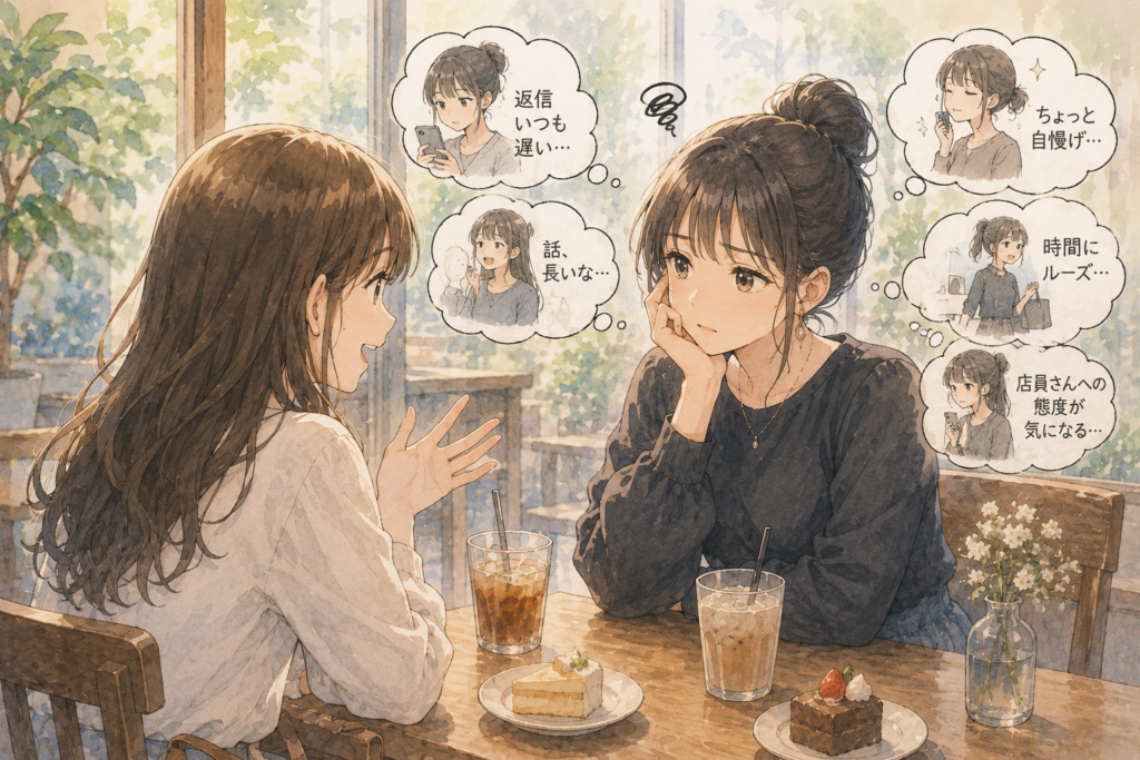 友達と会話する女性。友達の欠点ばかり見てしまう。