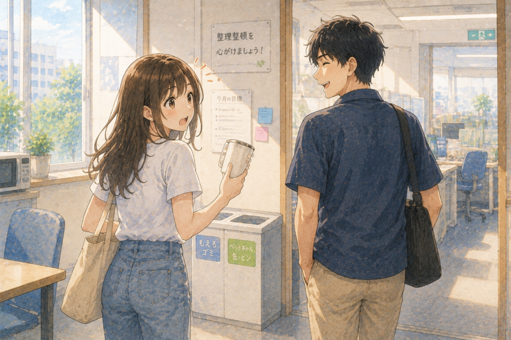 休憩時間が終わり仕事に戻るミユとイツキ。