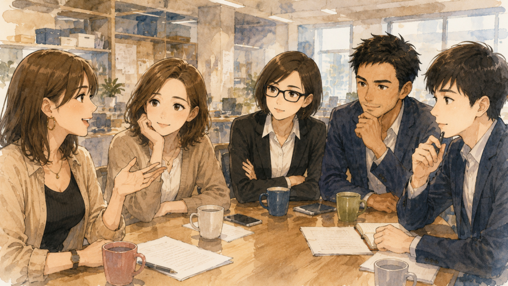今回のテーマを提案するナナ。それを聞くその他のメンバーたち。