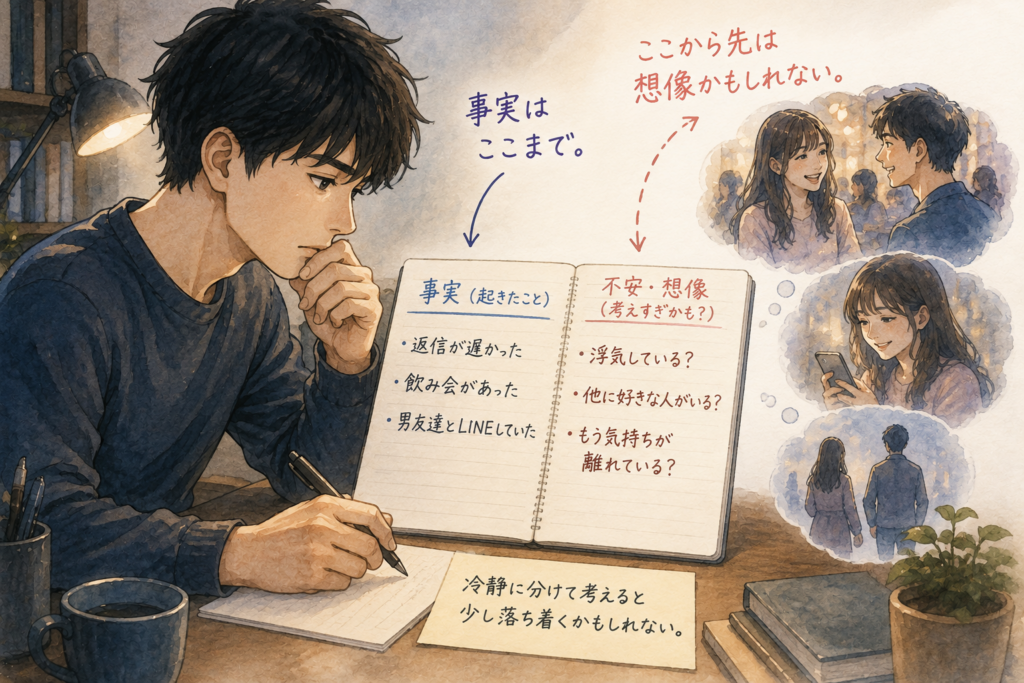 彼女について事実と想像を分けて整理する男性。