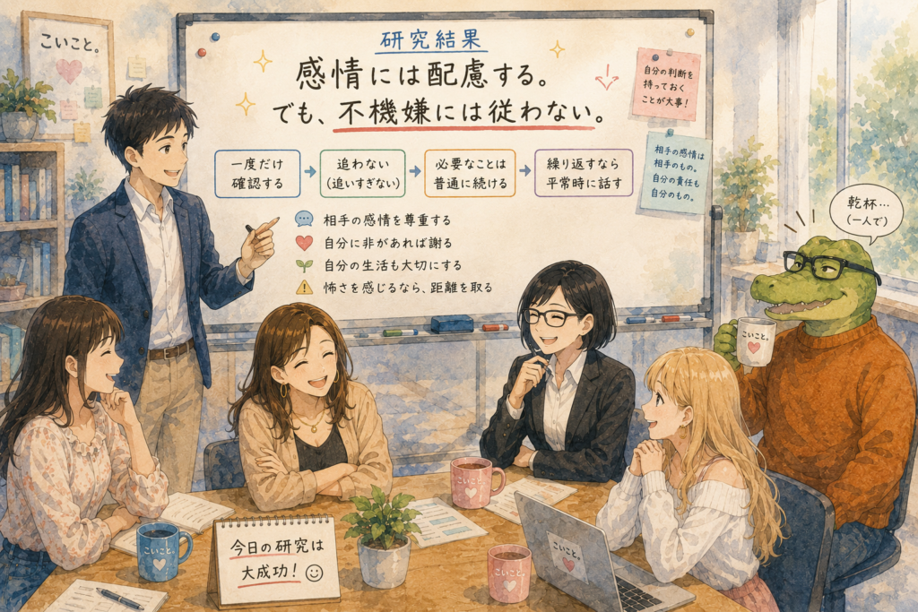 今回の研究結果をホワイトボードにまとめるリク。