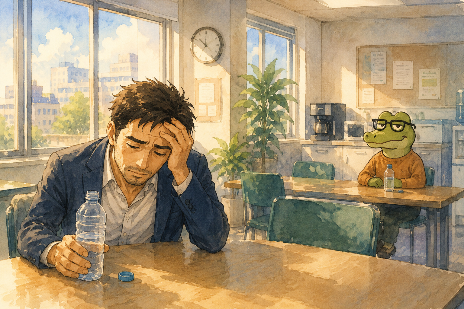 二日酔いに苦しむケンジ。観察するワニオ。