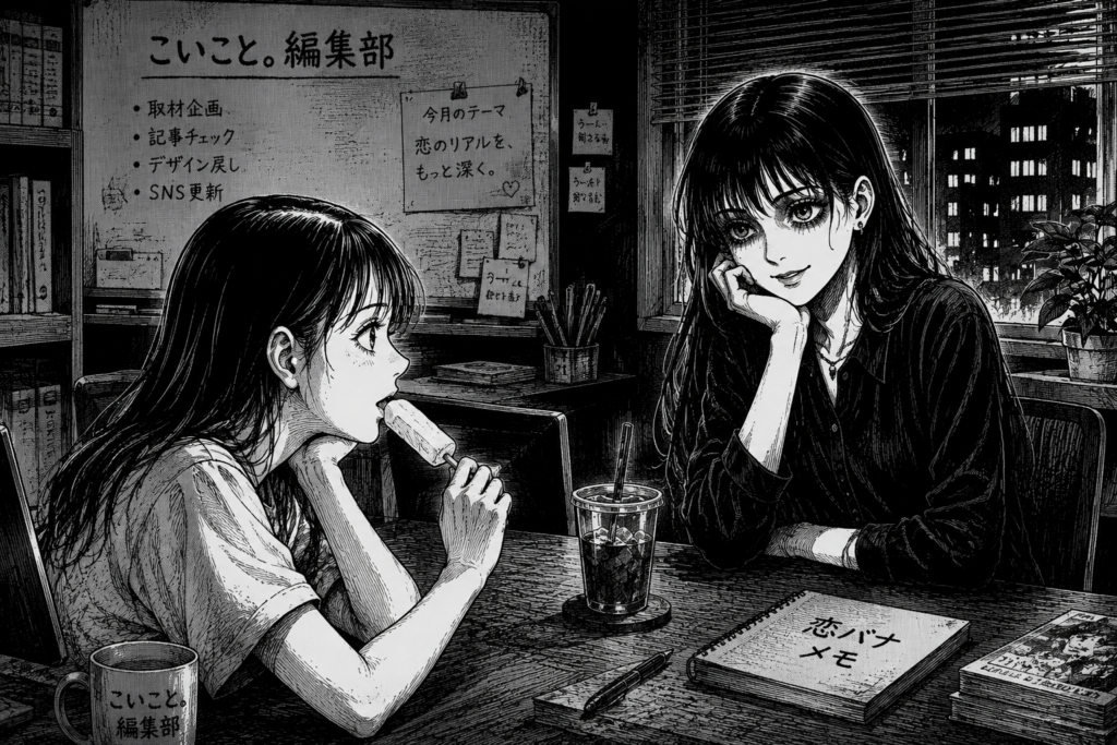 怖い話を始めるナナ。怖がりながら聞くミユ。
