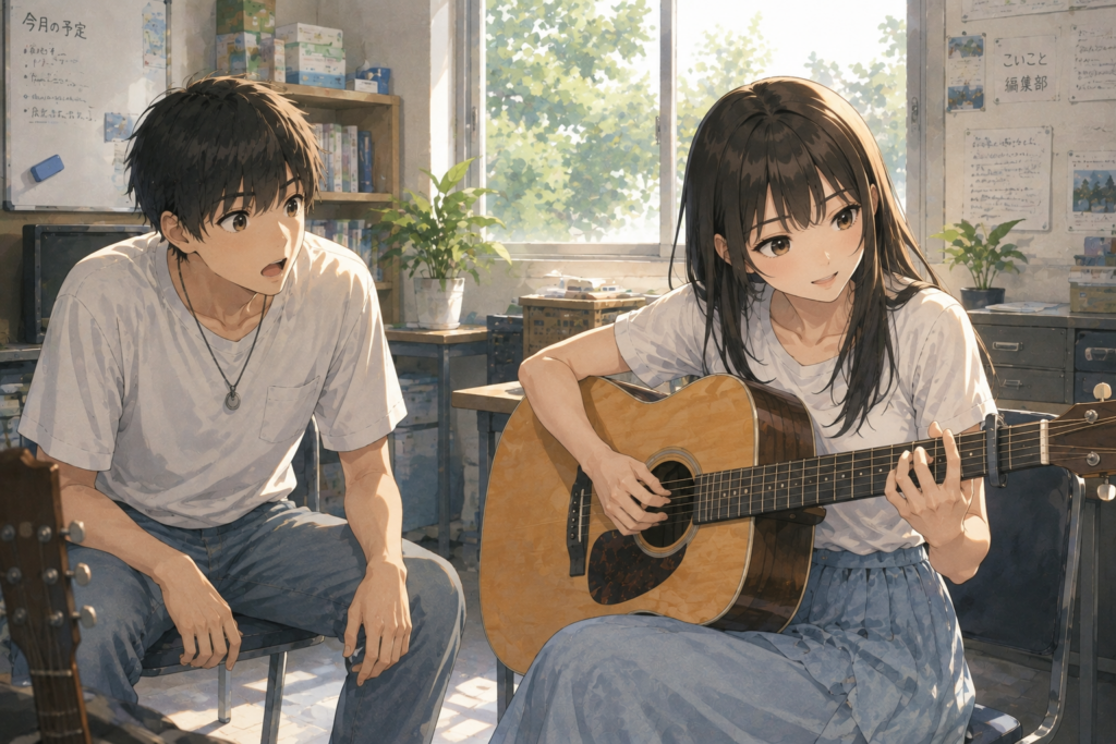ツムギのギターの腕前に驚くハルキ。