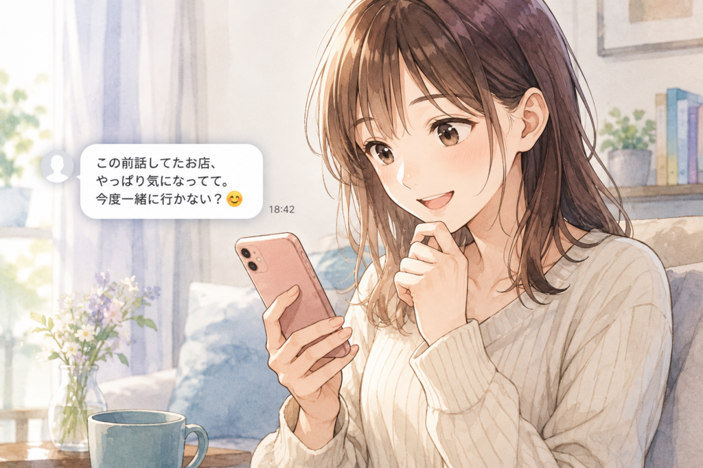 デートの誘いのLINEを受信した女性。嬉しそう。