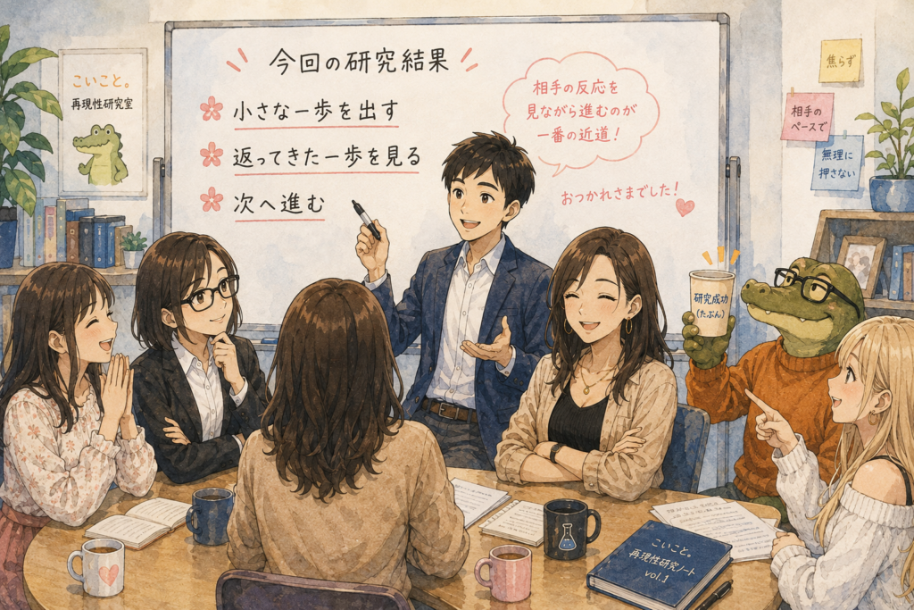 今回の研究結果をまとめるリク。満足げなメンバー。