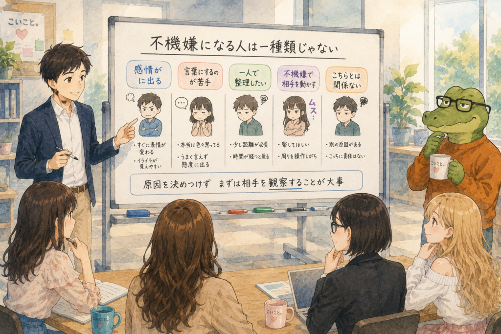 不機嫌になる人の種別をホワイトボードで説明するリク。