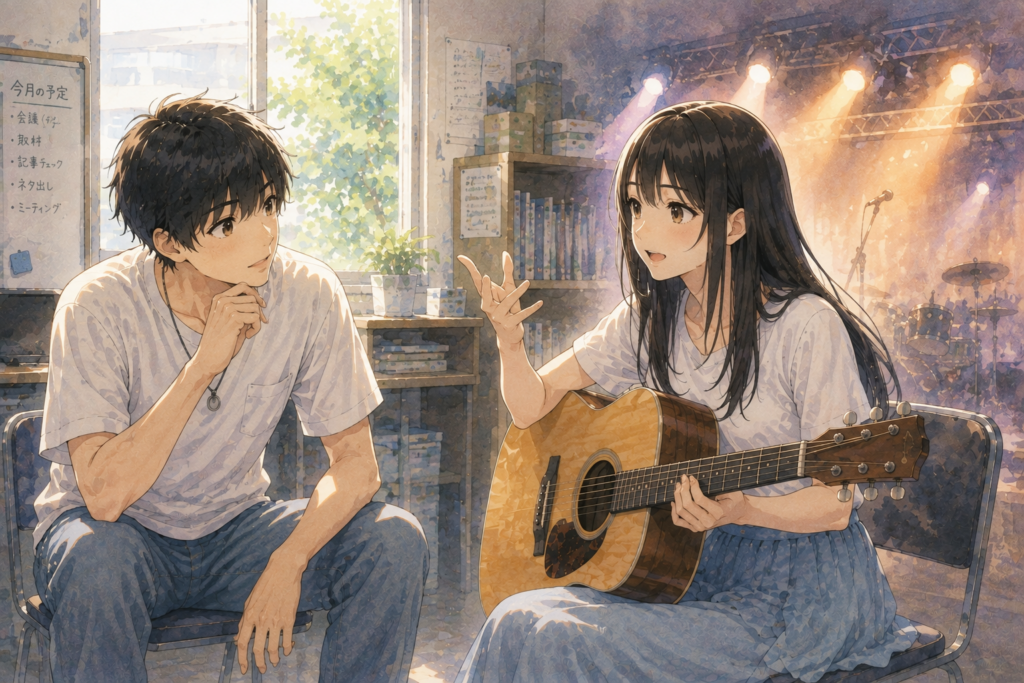 ギターを始めたきっかけを語るツムギ。