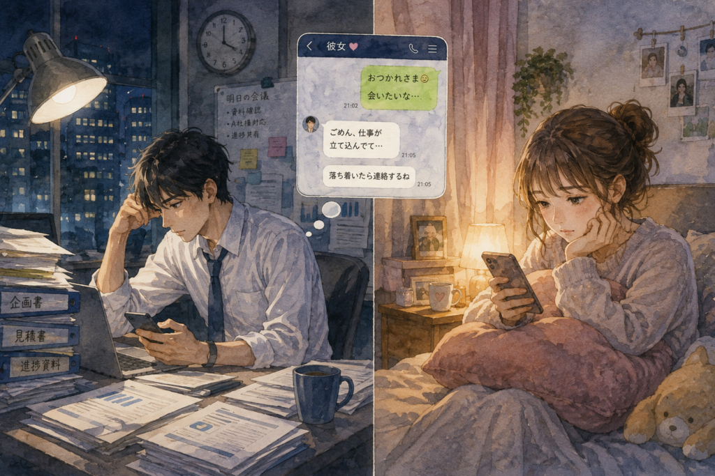 仕事が忙しい男性。彼女に会いたいと言われても余裕がない。
