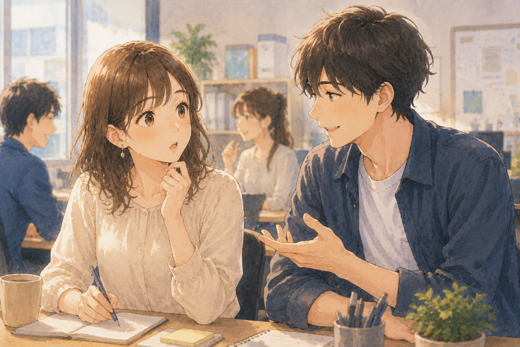 男性が話しかけてくる。相手の好意に気づく女性。