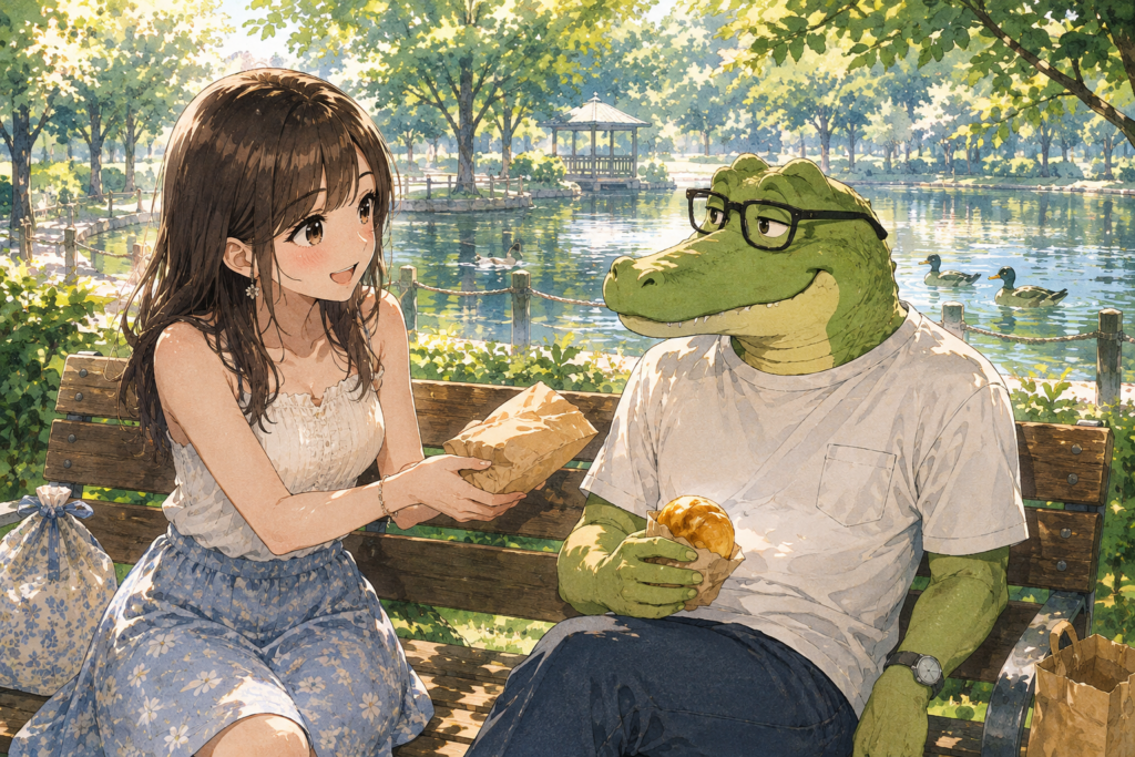 ワニオに相談しに行くミユ。