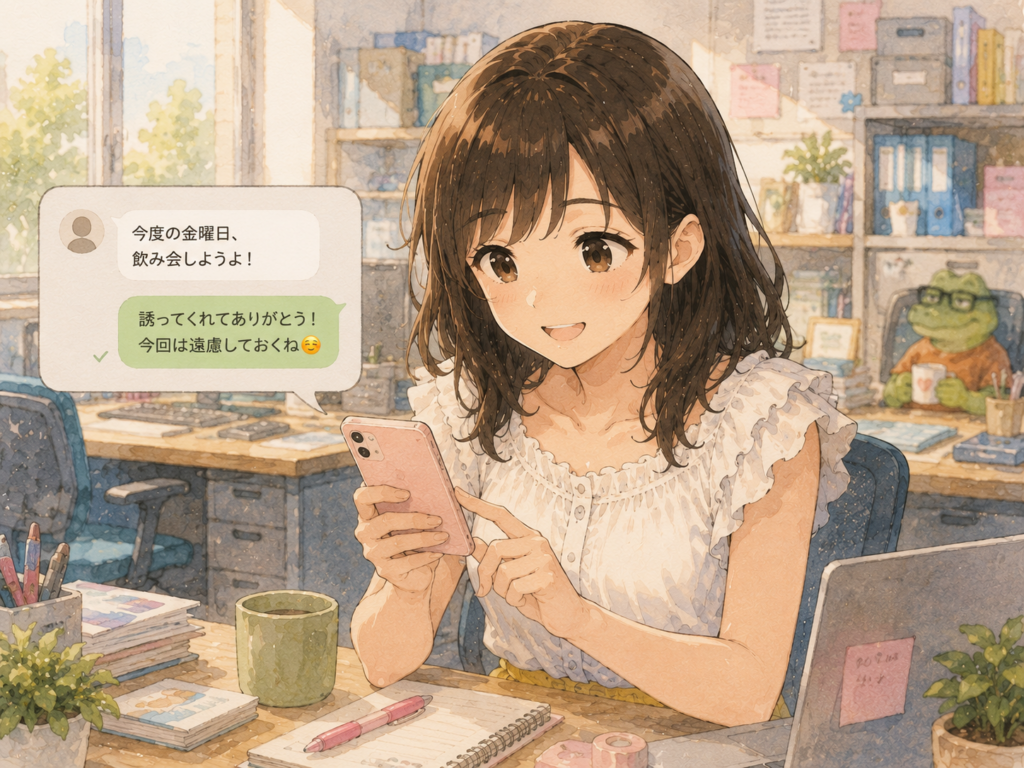 飲み会の誘いを断るミユ。自分の好きな休日が選べるようになった。