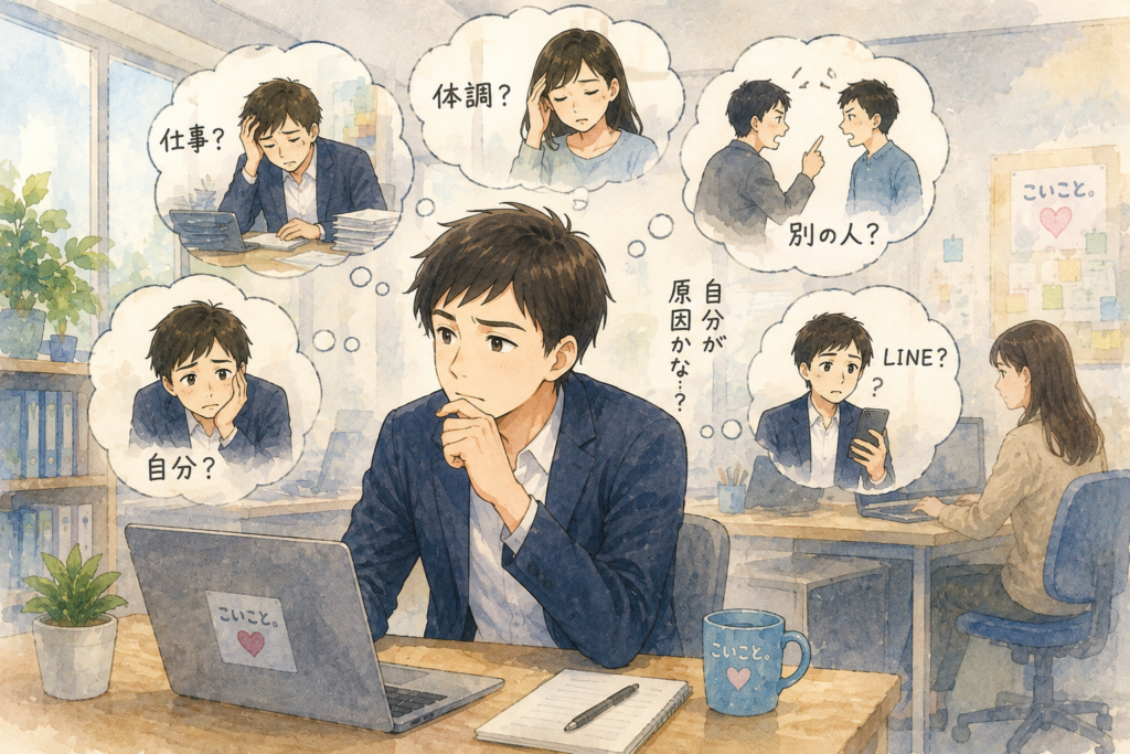 不機嫌の理由を考えすぎる男性。
