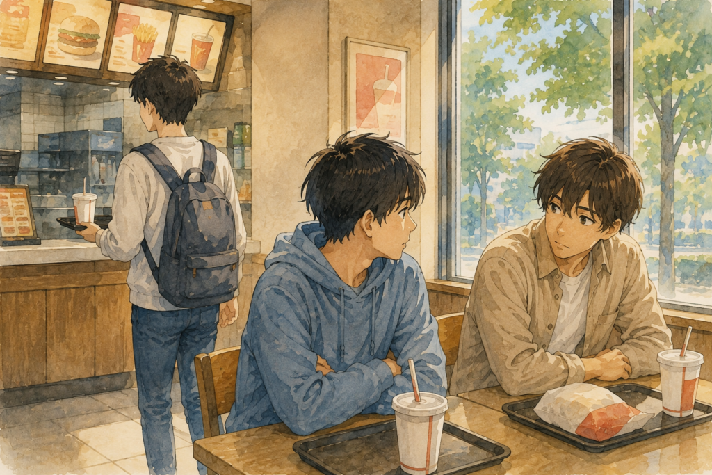 3人組、ひとりが席を外すと気まずくなっている。