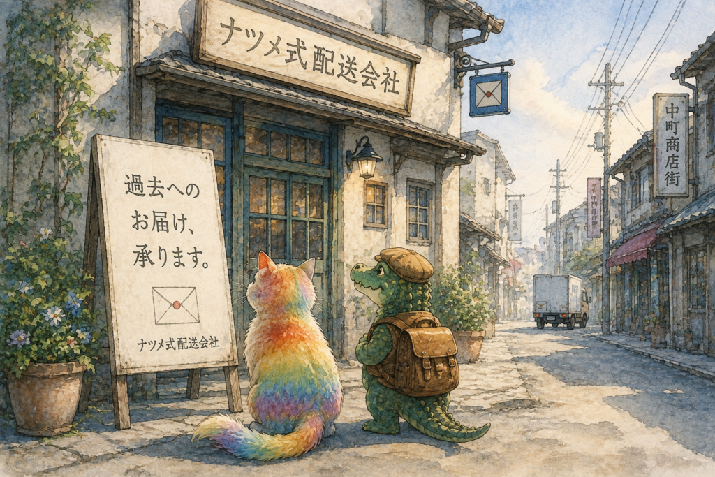 過去便の配送会社の看板を見るナツメとワニオ。