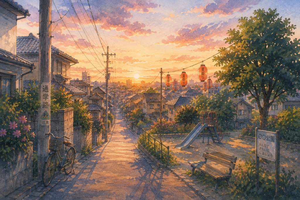 夕方の街並み。子供の頃の夏休み的なイメージ。
