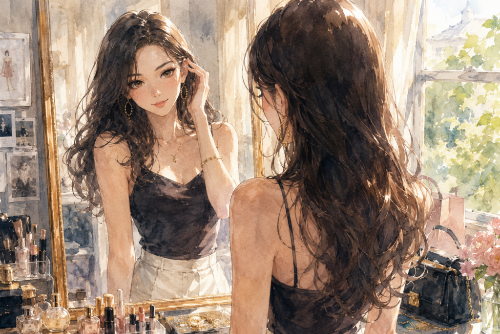 鏡の前に立つミサキ。自分に自信がある様子。