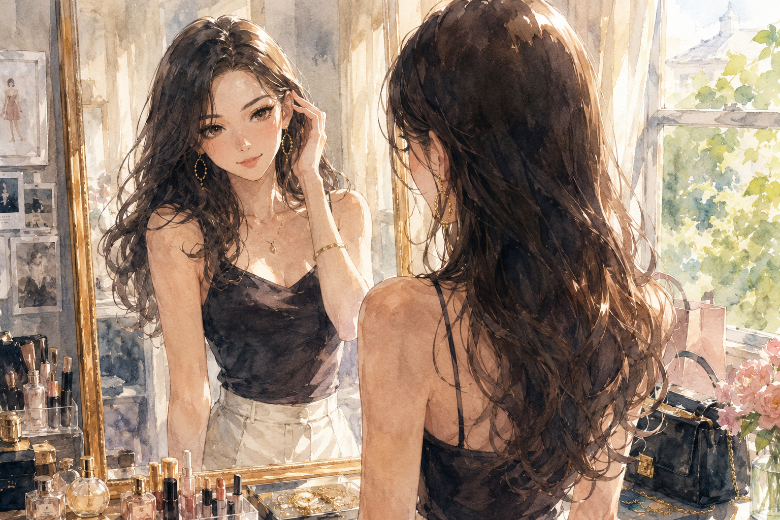 鏡の前に立つミサキ。自分に自信がある様子。