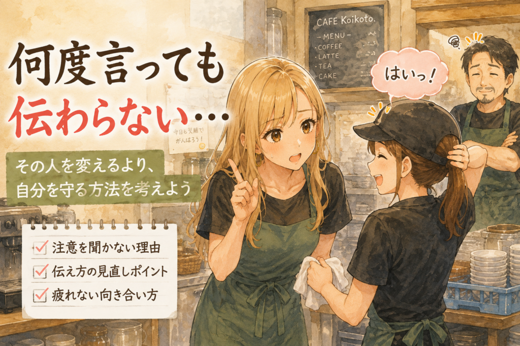 バイト先でアカリが後輩に注意。後輩は返事をするが聞いていない。