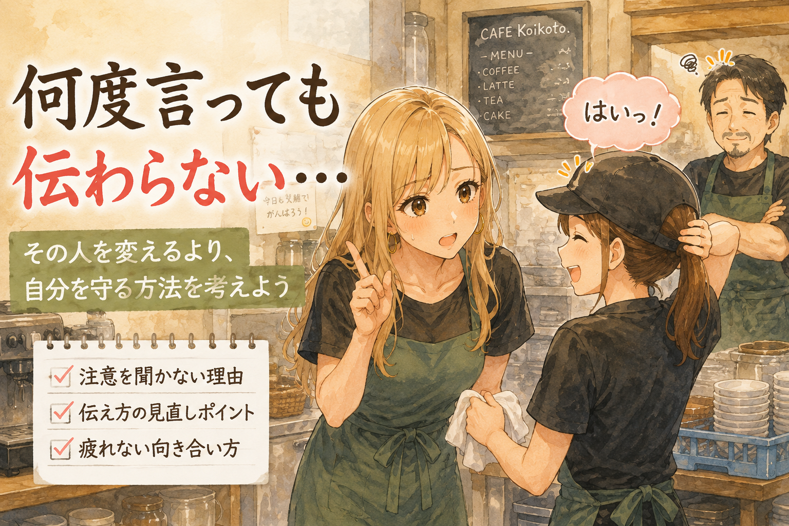 バイト先でアカリが後輩に注意。後輩は返事をするが聞いていない。