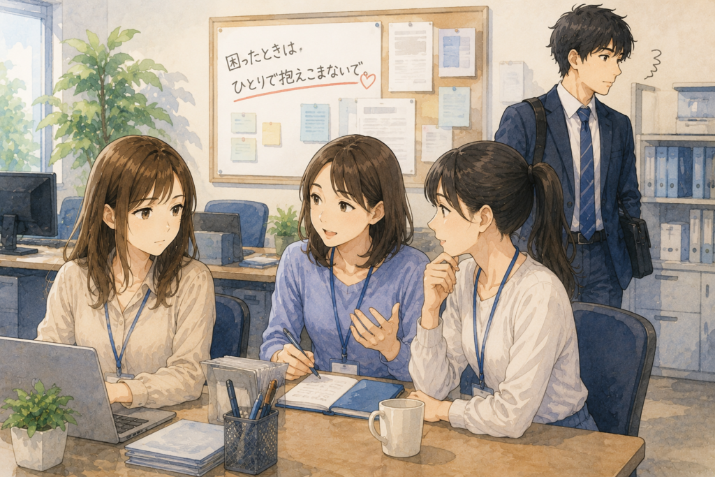 状況を同僚や先輩に共有する女性。しつこくアプローチされて困っている時はひとりで抱え込まない。