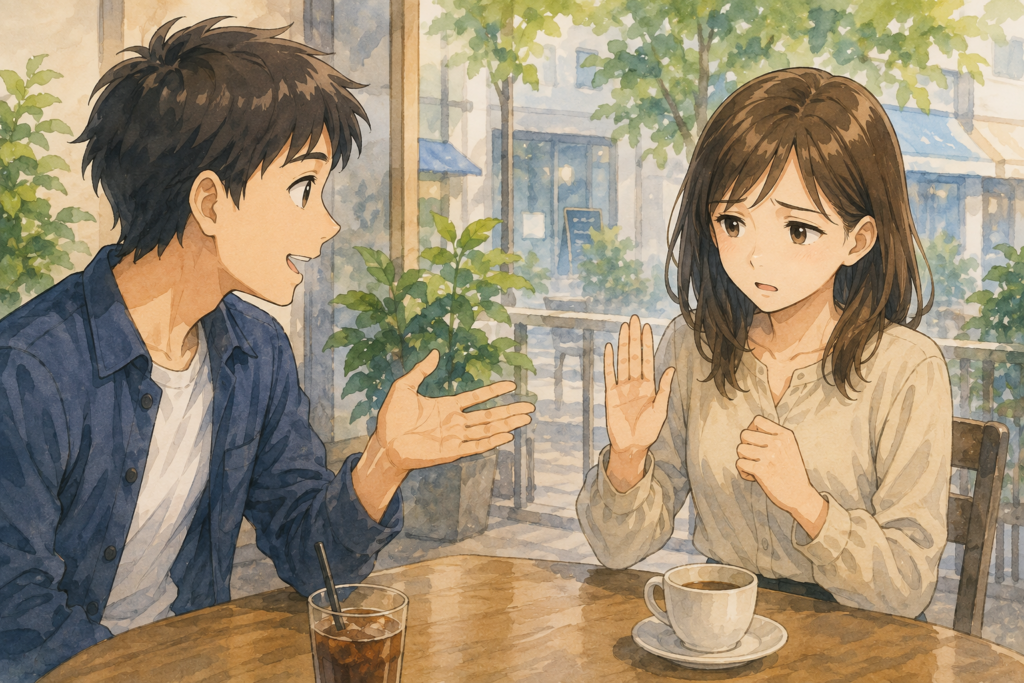 断られた認識がなく、しつこく女性を誘う男性。