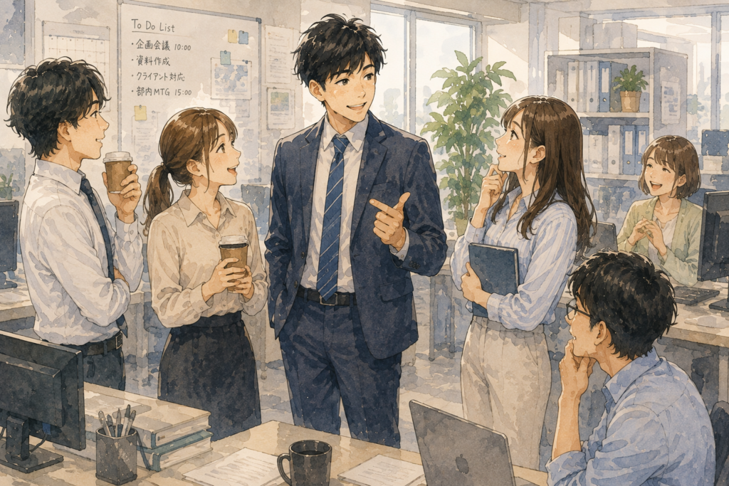 みんなに自然に寄せてコミュニケーション取れる男性。