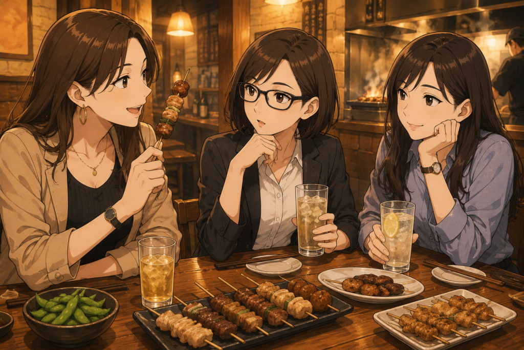 テーマを提案するナナ、それを聞くミカコ、ユキノ。焼き鳥屋にて。