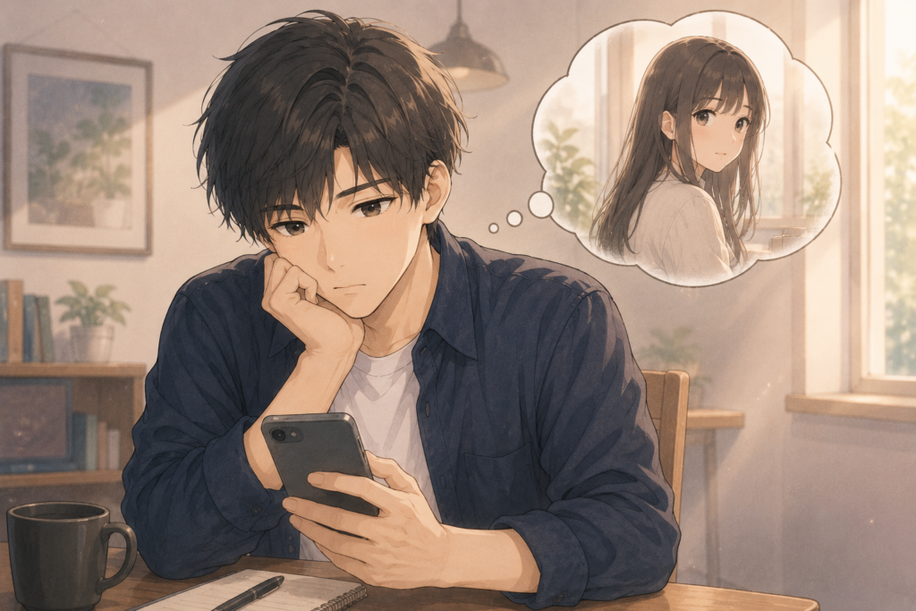 スマホを見ながら好きと言ってきた女性を思い出す男性。