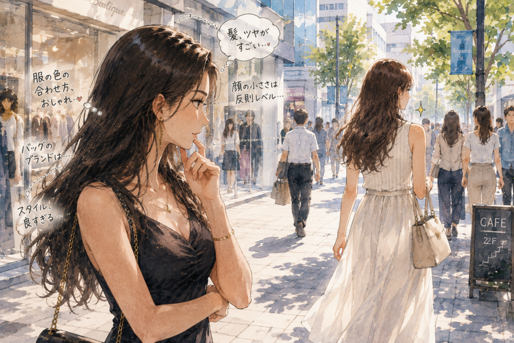 自分より綺麗な人を見て冷静に分析するミサキ。