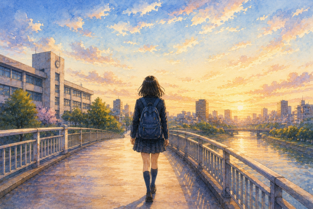 学校を出て橋を渡る女子学生。選択肢はたくさんあることを表現。