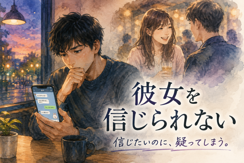 スマホを片手に悩む男性。彼女がどこで何をしているか不安。