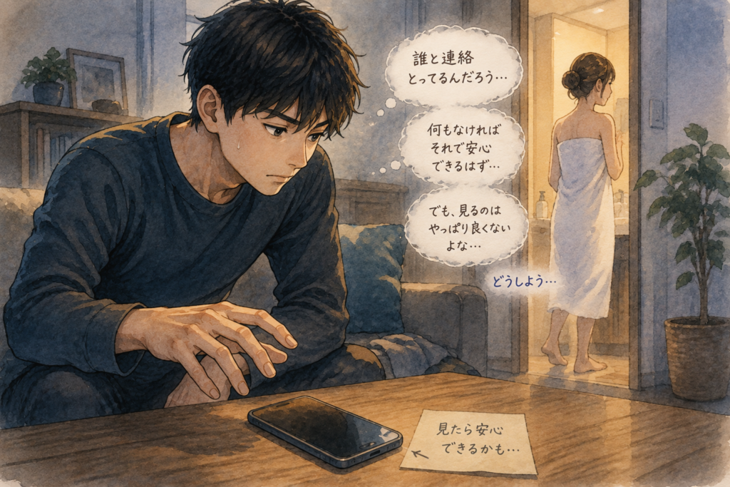 彼女がお風呂に入っている間にスマホを見ようとする男性。