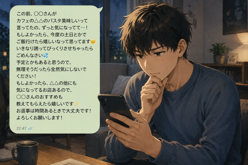 デートに誘う文を考える男性。異様な長文。NGの代表例。