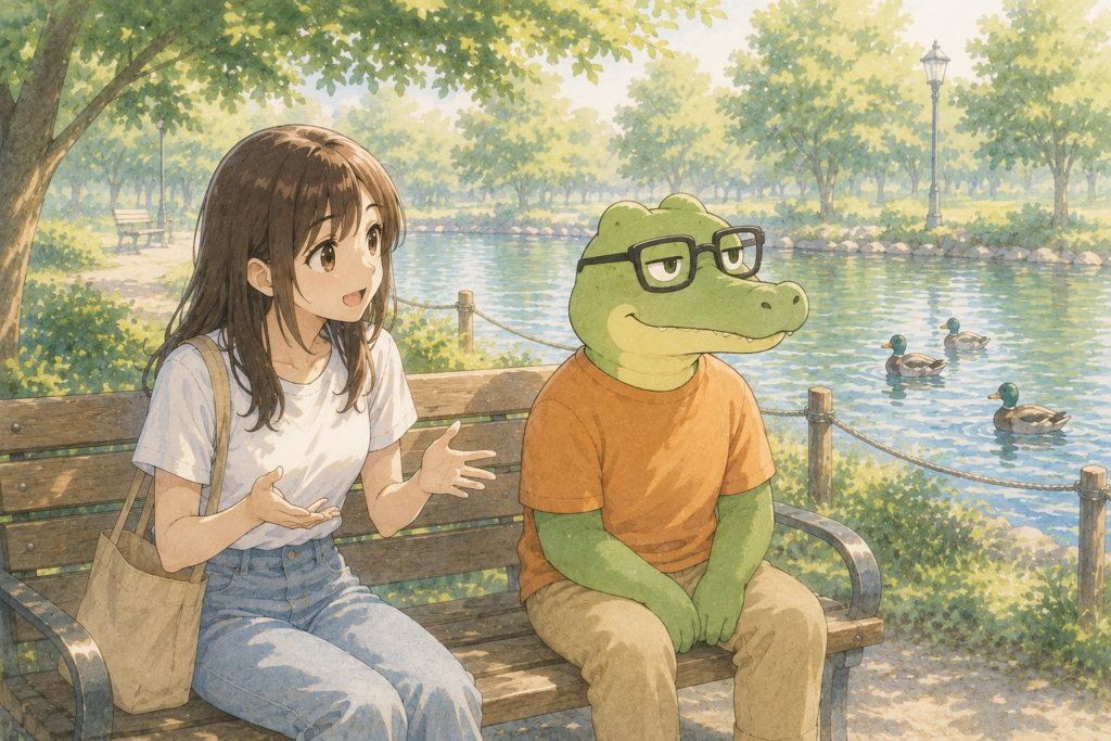 公園のベンチで会話するミユとワニオ。