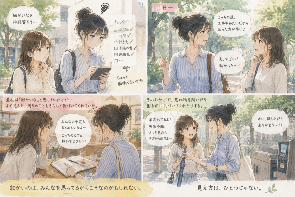 細かい点が神経質で欠点に見える一方、見方を変えればきめ細やかな長所にも見える。
