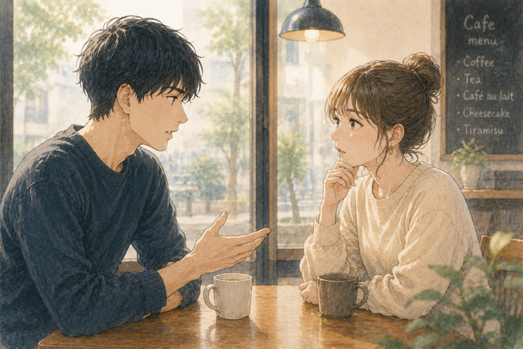 カフェで話し合うカップル。馬鹿にしないでほしいと伝える彼氏。驚いた表情の彼女。