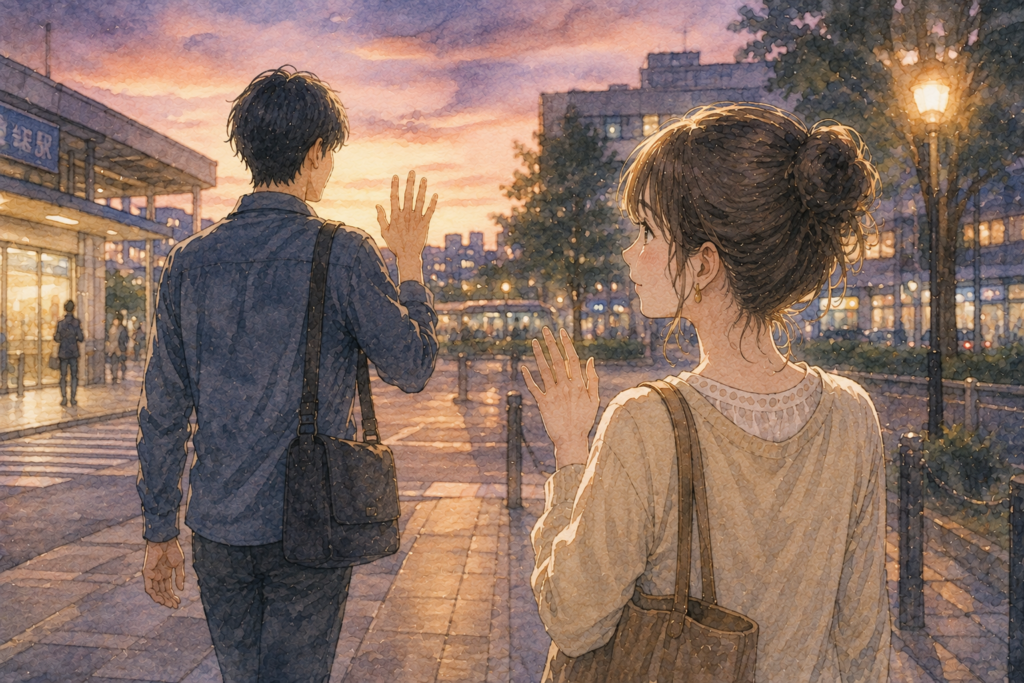 デート後に男性を見送る女性。告白をきっかけに好きになっている。